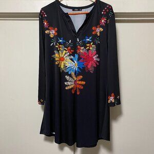 Lily by Firmiana, long sleeve, black tunic/dress w/multicolor flowers, size 1XL